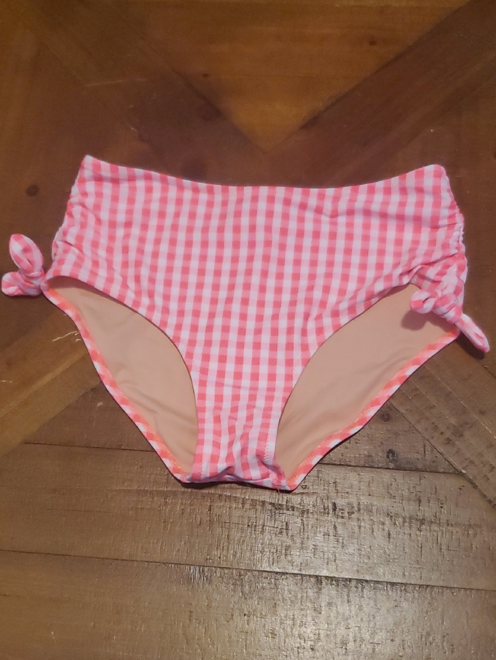 Crewcuts Pink and White Gingham High-Waist Bikini Bottoms with Side Ties